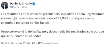 Daniel Briceño refutó a Gustavo Petro y respaldó la transparencia del conteo electoral - crédito @Danielbricen/X