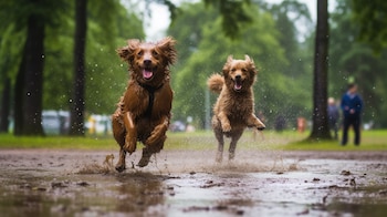 Imagen de perros jugando en un charco de lodo bajo la lluvia. Su alegría y vitalidad canina son evidentes en esta escena llena de diversión y cuidado. (Imagen ilustrativa Infobae)