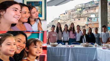 Montaje de fotos: Mujeres y niños sonrientes en interiores, y un grupo de adultos posando con una mesa de comida al aire libre frente a casas en ladera