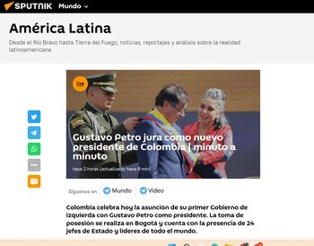 De esta manera Rusia, por medio del portal Sputnik , hace referencia a la jornada de posesión presidencial de Colombia
Foto: Vía sputniknews.lat