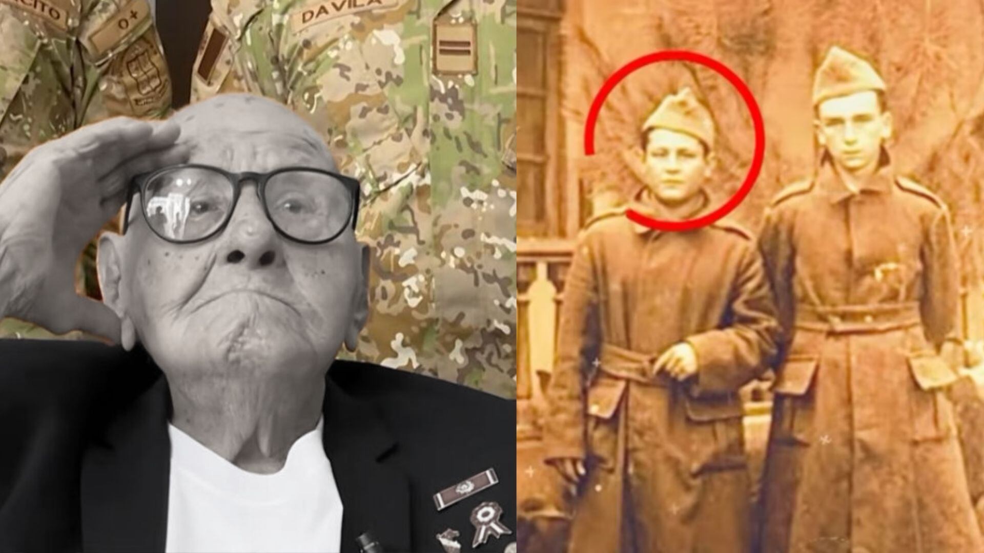 Raúl Bohorquez de la Torre, en una imagen actual saludando y en una antigua foto durante la guerra Perú y Ecuador, fue el último sobreviviente del conflicto. (Infobae Perú)