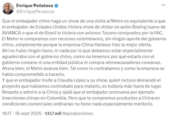 Enrique Peñalosa cuestionó la actividad organizada por la Embajada de China y la presencia de dirigentes políticos. - crédito @EnriquePenalosa/X