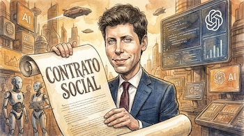 Ilustración de Sam Altman con expresión astuta, sosteniendo un rollo de pergamino "Contrato Social". Detrás, robots y una ciudad futurista con pantallas de "AI".