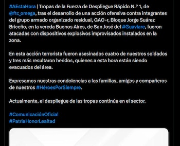 Los hechos ocurrieron en la madrugada del miércoles 13 de mayo en zona rural del municipio de San José del Guaviare - crédito X