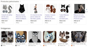 Captura de pantalla de una página de resultados de búsqueda que muestra productos patrocinados e imágenes de máscaras y accesorios therian con formas de lobos y zorros