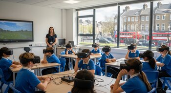 Vista de un aula moderna con varios estudiantes jóvenes sentados en escritorios, usando gafas de realidad virtual, y una mujer adulta de pie.