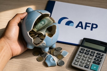 Una mano sostiene una alcancía de cerámica celeste rota con monedas y billetes junto a un documento con las siglas AFP y una calculadora.