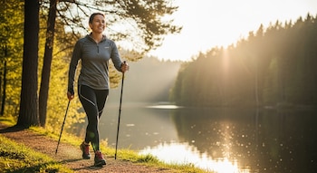 Mujer camina en un sendero de tierra con bastones de marcha nórdica. Viste ropa deportiva gris y negra. A su derecha hay un lago con un bosque de fondo. Luz solar brillante.