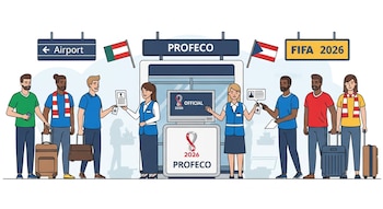 Ilustración de un módulo de Profeco en un aeropuerto, con dos empleadas asistiendo a viajeros de varias nacionalidades que llevan maletas y bufandas de fútbol.