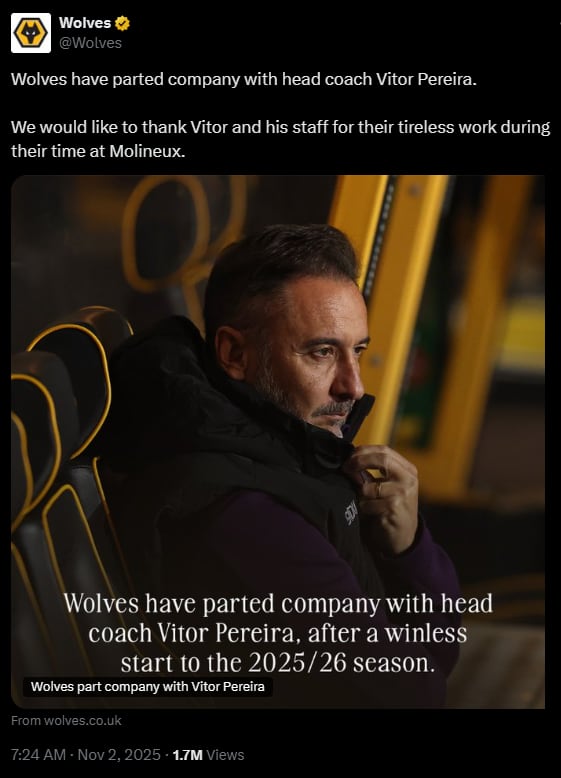 Wolverhapthon Wanderers despidió a su entrenador, el portugués Vítor Pereira, aproximadamente 45 días después de haber sido renovado - crédito @Wolves/X