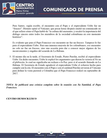 Comunicado del Centro Democrático donde