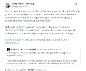 El exalcalde de Bucaramanga Jaime Andrés Beltrán también respaldó la iniciativa de De la Espriella - crédito @soyjaimeandres/X
