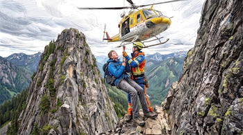 Ilustración de un helicóptero amarillo y dos personas sujetas a un cable de elevación en un precipicio montañoso.