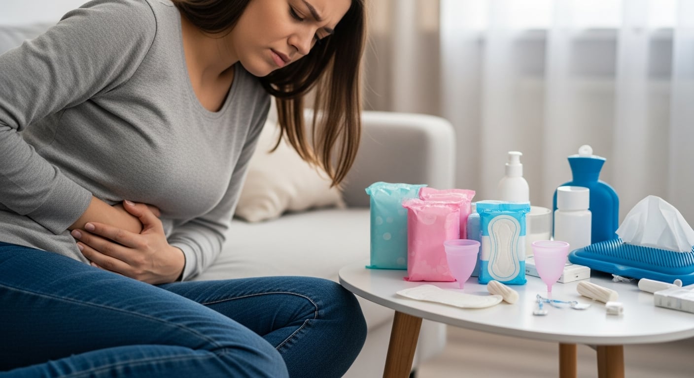 Una mujer, con expresión de dolor por cólicos menstruales, se sienta junto a una mesa con toallas higiénicas, tampones, copas menstruales y otros artículos de cuidado personal. (Imagen Ilustrativa Infobae)