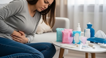Mujer con dolor de cólicos menstruales sentada en un sofá, con las manos sobre el abdomen. Una mesa a su lado exhibe toallas higiénicas, tampones y copas menstruales.
