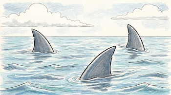 Ilustración de tres aletas de tiburón grises que sobresalen del agua azul con olas. El cielo claro tiene algunas nubes suaves y dispersas.