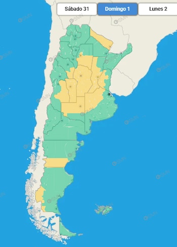 Mapa de Argentina dividido en zonas verdes y amarillas, con una barra superior de navegación que marca el día domingo primero