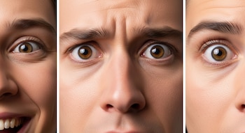 Primer plano de tres rostros humanos con ojos marrones y cejas oscuras. Uno sonríe, el central frunce el ceño, el tercero tiene una expresión neutra.