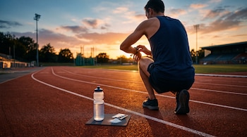 Un hombre arrodillado en una pista de atletismo ajusta un reloj frente a una botella de agua y un sobre de suplemento.