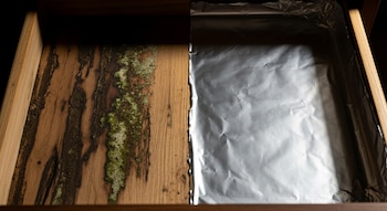 Vista aérea de un cajón de madera: la mitad izquierda presenta daño por humedad y moho verdoso, la mitad derecha está forrada con papel de aluminio liso y limpio.