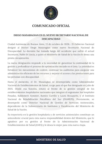 Documento del Ministerio de Salud de Argentina titulado Comunicado oficial con el anuncio del nuevo Secretario Nacional de Discapacidad