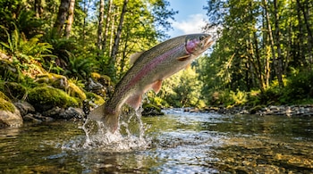 Trucha arcoíris con franja rosada saltando de un río. Agua salpicando, fondo de bosque con árboles verdes y rocas cubiertas de musgo.
