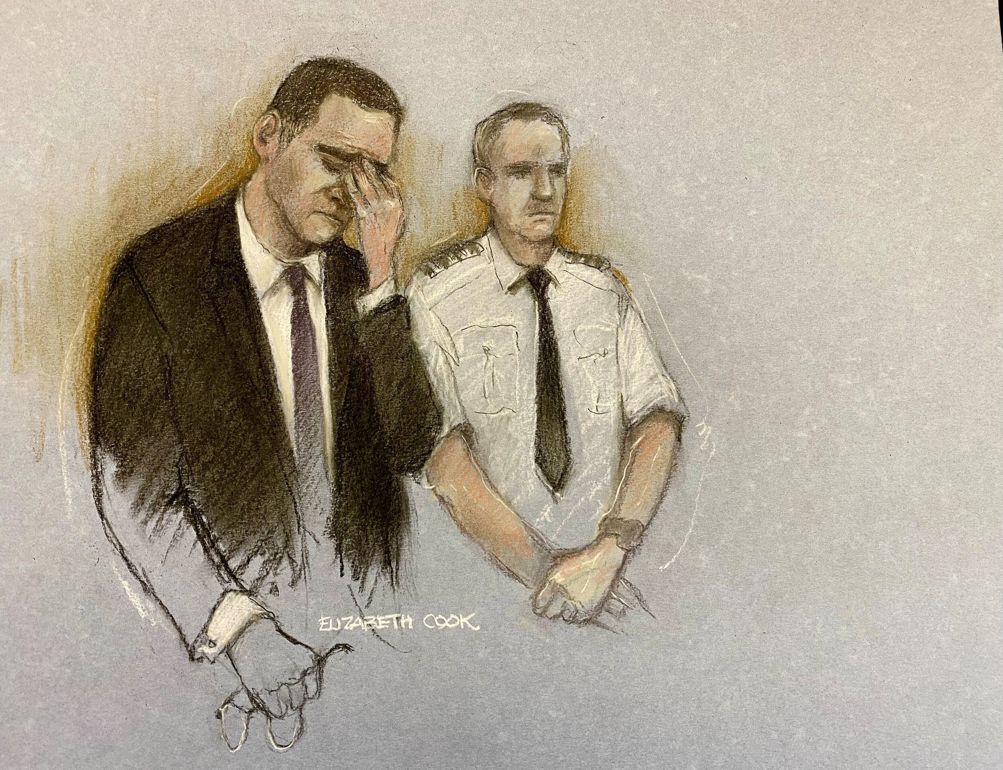 Bosquejo de artista que muestra a Paul Doyle en el tribunal de Liverpool el 25 de noviembre del 2025. (Bosquejo realizado por Elizabeth Cook/PA via AP)