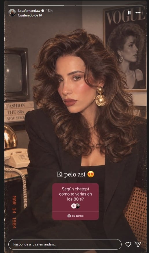 Luisa Fernanda W compartió parte de su 'sesión fotográfica' con IA y destacó su gusto por los peinados voluminosos característicos de aquella época - crédito @luisafernandaw/Instagram