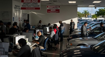Vista interior de una oficina con varias personas sentadas en escritorios con computadoras y otras de pie. Autos estacionados se ven a través de ventanas y también dentro del local.