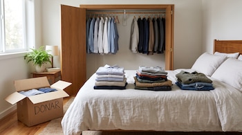 Tres pilas de ropa doblada sobre una cama blanca, un armario de madera abierto y una caja de cartón con la palabra donar en el suelo.