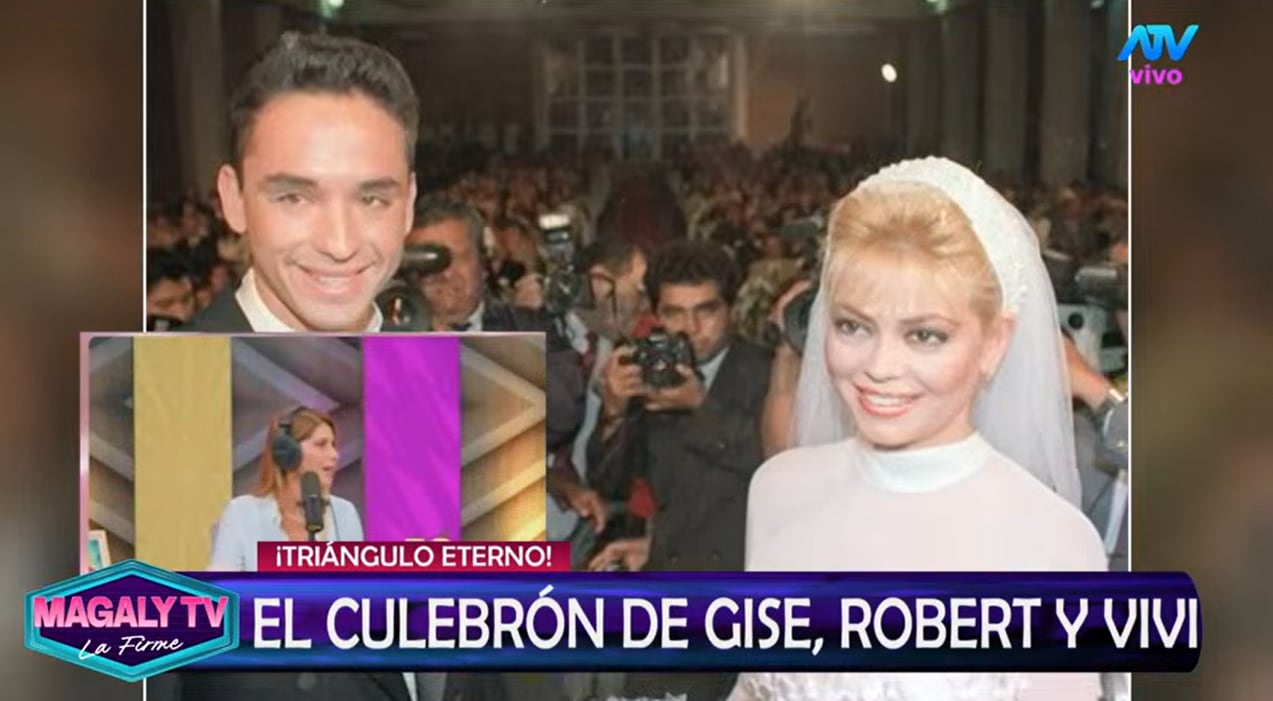 El programa Magaly TV La Firme difunde una imagen del matrimonio de Gisela Valcárcel y Roberto Martínez durante su transmisión televisiva.
