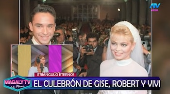 Fotografía de un novio con traje y una novia con vestido y velo blanco, junto a un recuadro de transmisión televisiva y un titular de texto