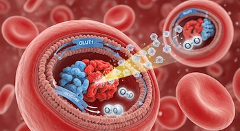 Ilustración microscópica de un glóbulo rojo grande con moléculas de glucosa y oxígeno, y el transportador GLUT1; otros glóbulos rojos difusos en el fondo.