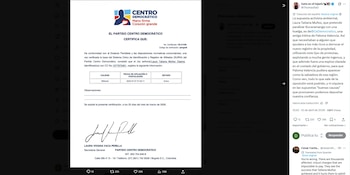 Documento que afirmaria que la ciudadana Laura Tatiana Muñoz Ospina es militante del Centro Democrático - crédito captura de pantalla @ThomasitaD / X