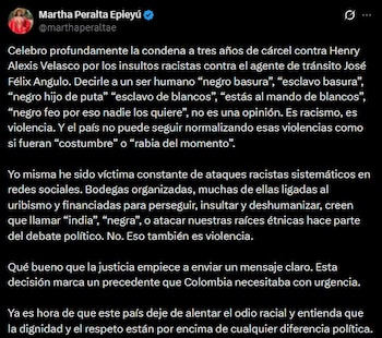 La congresista celebró la decisión judicial y pidió no normalizar la discriminación racial, destacando el fallo como un precedente contra el racismo en Colombia - crédito Martha Peralta/X