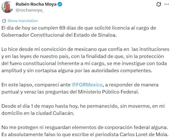 Comunicado oficial de Rocha Moya. (Redes Sociales)