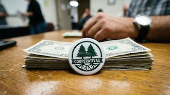 Un pin con el texto Cooperativas y la imagen de dos pinos junto a un fajo de billetes de dólar estadounidense sobre una mesa de madera.