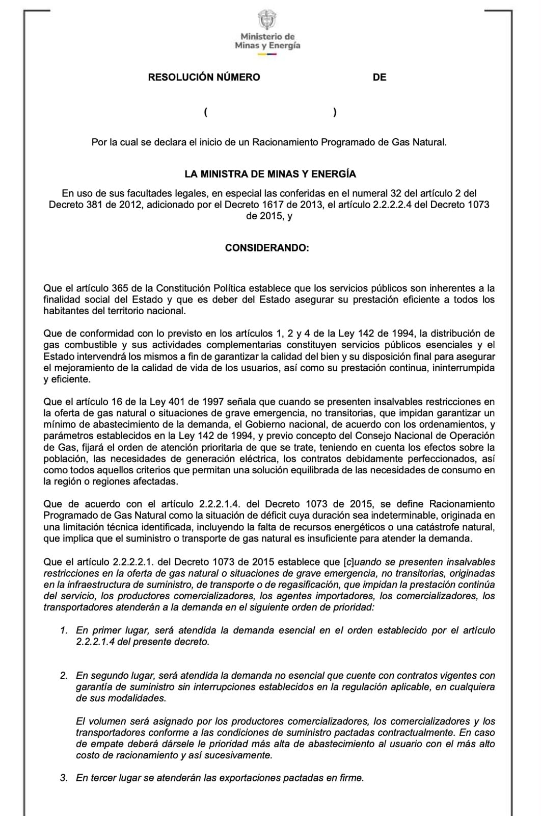 El Gobierno nacional priorizó la entrega de gas a usuarios residenciales, pequeños comercios, hospitales, estaciones de transporte y refinerías - crédito Ministerio de Minas y Energía