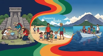 Ilustración de tres escenas: arqueólogos frente a ruinas, familias en playa con el texto Champerico Beahn, y turistas en un bote en lago con volcanes.