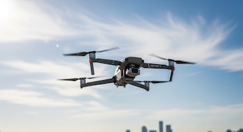 Dron gris DJI Mavic 3 en pleno vuelo contra un cielo azul claro con nubes tenues. Sus hélices giran y un skyline urbano aparece desenfocado al fondo.