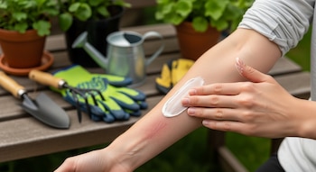 Brazo con irritación, mano aplicando pasta blanca. En el fondo: guantes de jardinería, pala, rastrillo, regadera y plantas en macetas sobre mesa de madera.