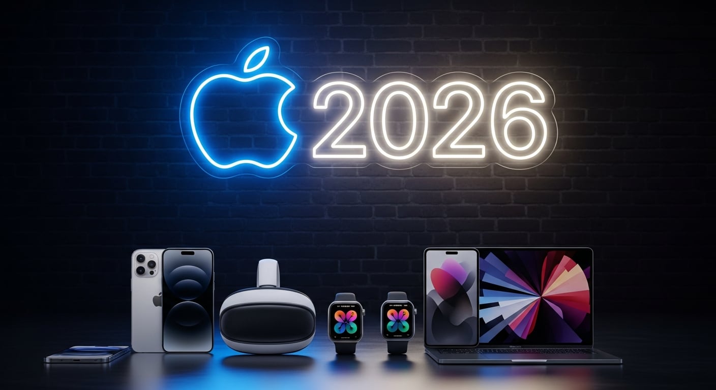 La imagen muestra una selección de los dispositivos más destacados de Apple para el año 2026, incluyendo teléfonos inteligentes, relojes inteligentes, una laptop y un visor de realidad aumentada, bajo un letrero iluminado con el icónico logotipo de la marca y el año 2026. (Imagen Ilustrativa Infobae)