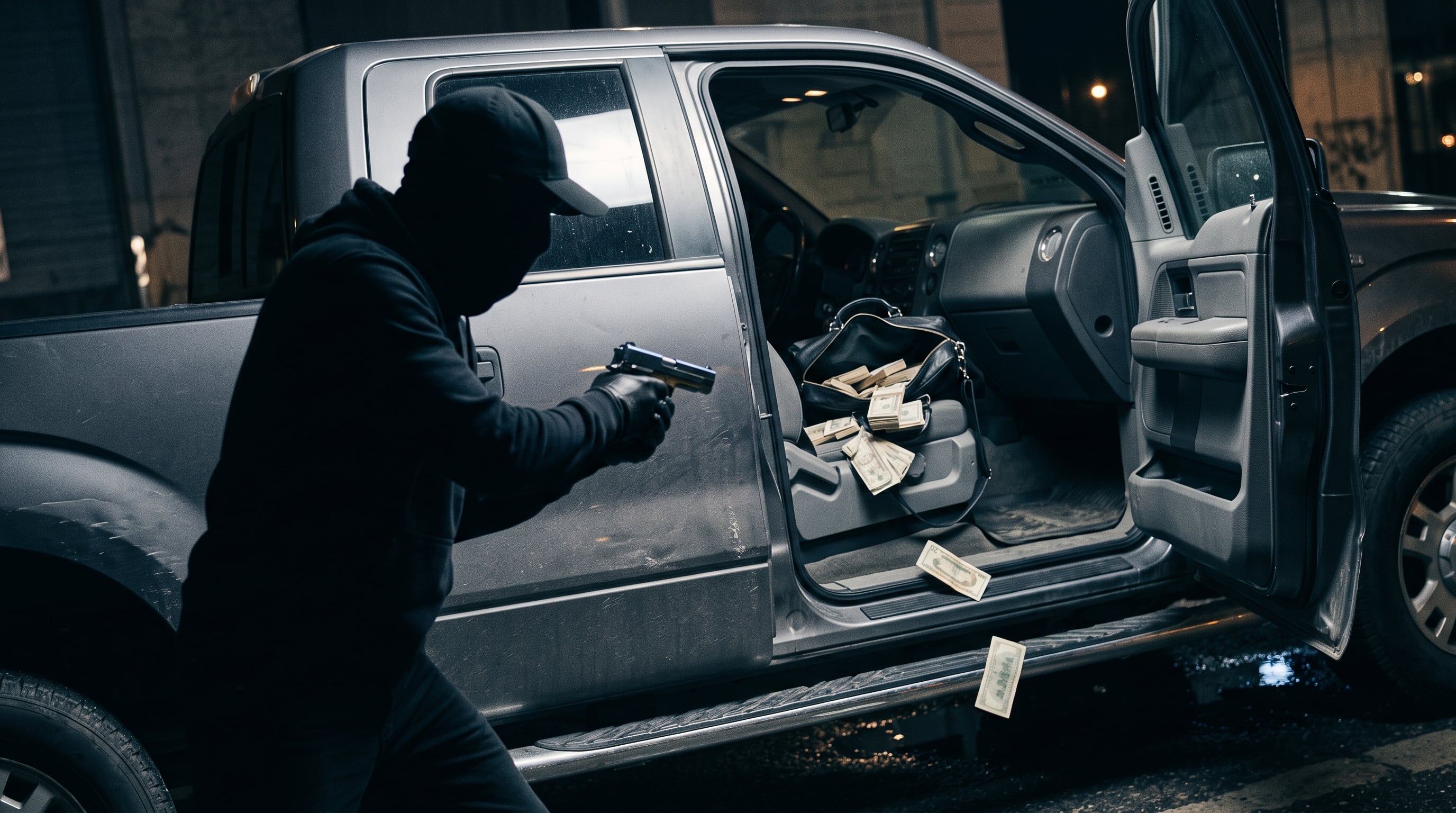 Un hombre con el rostro cubierto apunta con una pistola al interior de una camioneta que contiene un bolso con dinero en efectivo. (Imagen Ilustrativa Infobae)