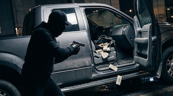 Persona vestida de negro y gorra que sostiene una pistola frente a la puerta abierta de una camioneta gris con billetes en el asiento.