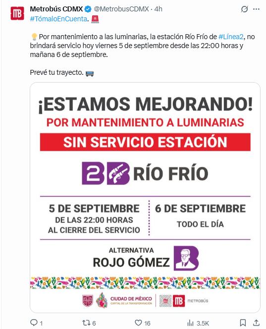 Mantenimiento en Línea 2 del Metrobús. Foto: x.com/@MetrobusCDMX