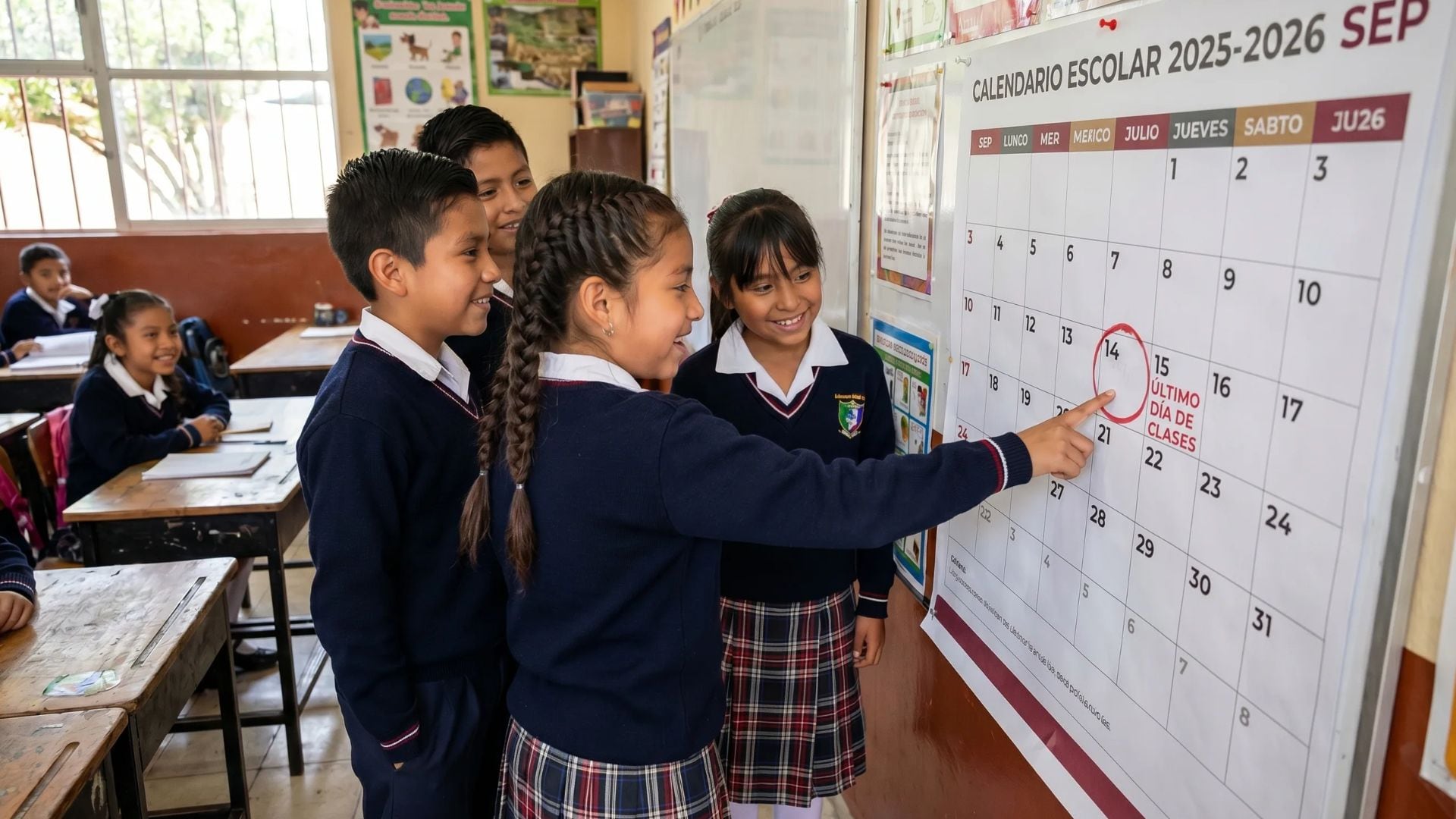Estudiantes de primaria en México revisan con alegría el calendario escolar 2025-2026 de la SEP, señalando el tan esperado último día de clases. (Imagen Ilustrativa Infobae)