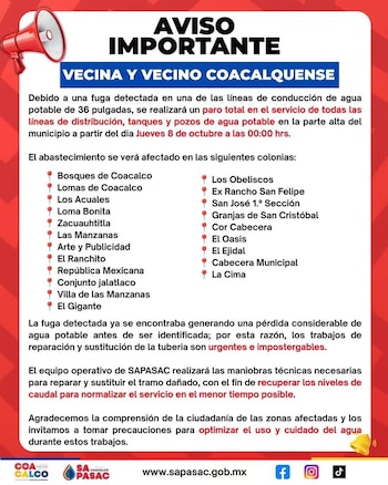 Fuga de agua suspensión Coacalco Edomex