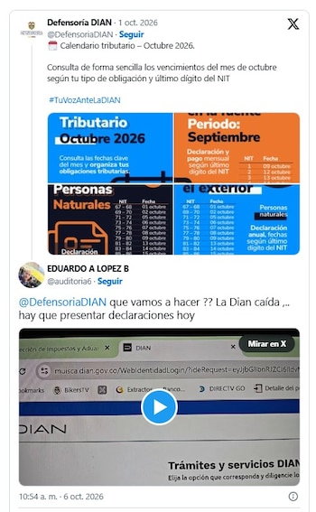 Contribuyentes pidieron a la Dian que declarara la contingencia formal para evitar sanciones por presentación extemporánea - crédito @DefensoriaDIAN; @auditoria6 / X