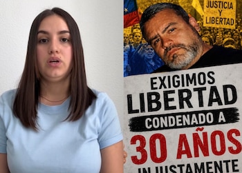 Una joven con camiseta azul claro y cabello oscuro habla frente a un cartel con un hombre barbudo, la bandera de Venezuela y textos "EXIGIMOS LIBERTAD" y "30 AÑOS"