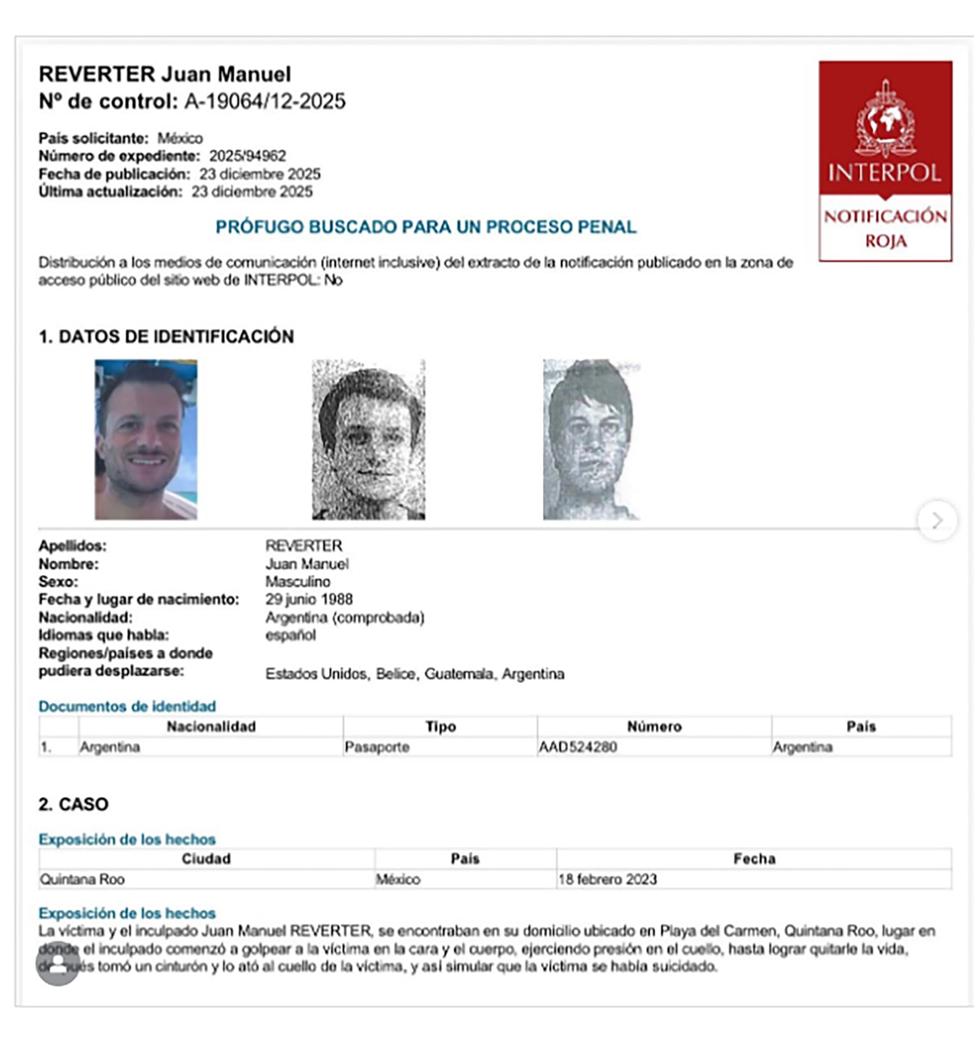 La circular roja emitida por Interpol para la captura internacional de Juan Manuel Reverter.
